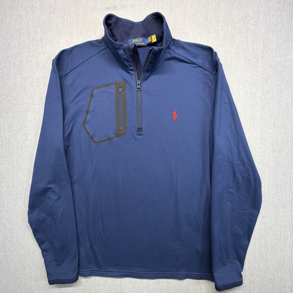 Polo Golf Ralph Lauren 1/4 Zip Mens M Blue Wicking Performance Spellout Pony